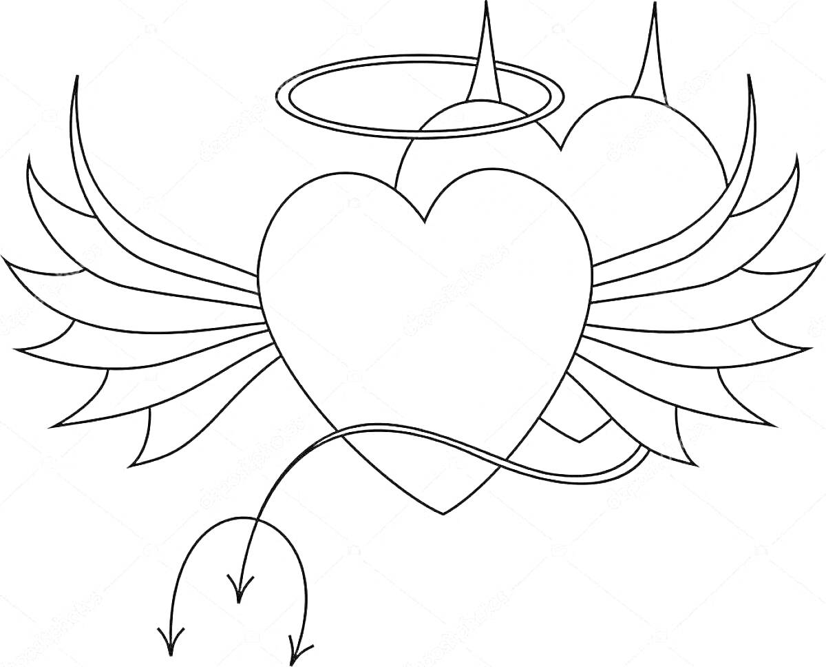 Раскраска Два сердца с крыльями, нимбом, рогами и хвостом