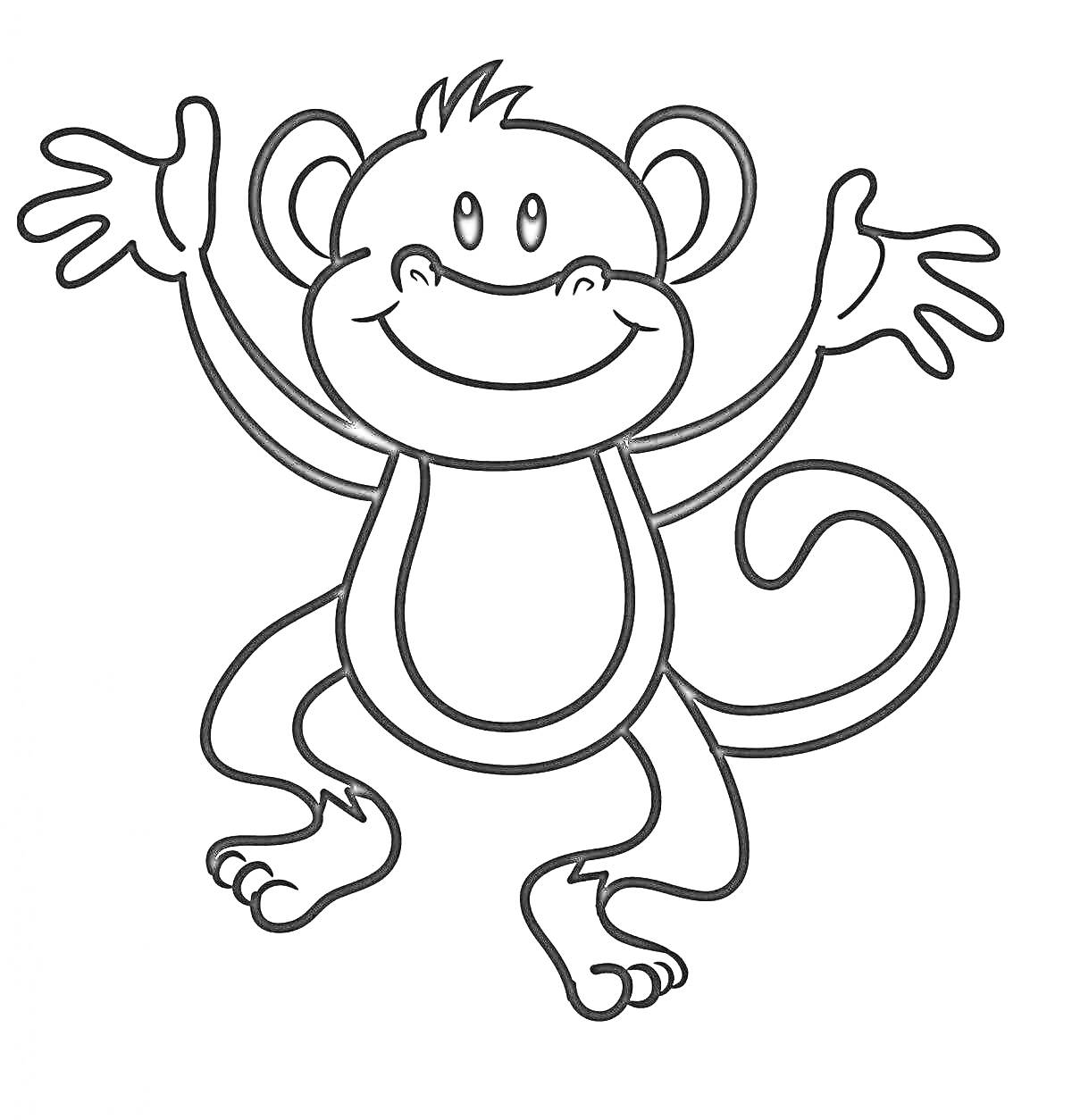 Раскраска Шимпанзе с поднятыми руками и улыбкой