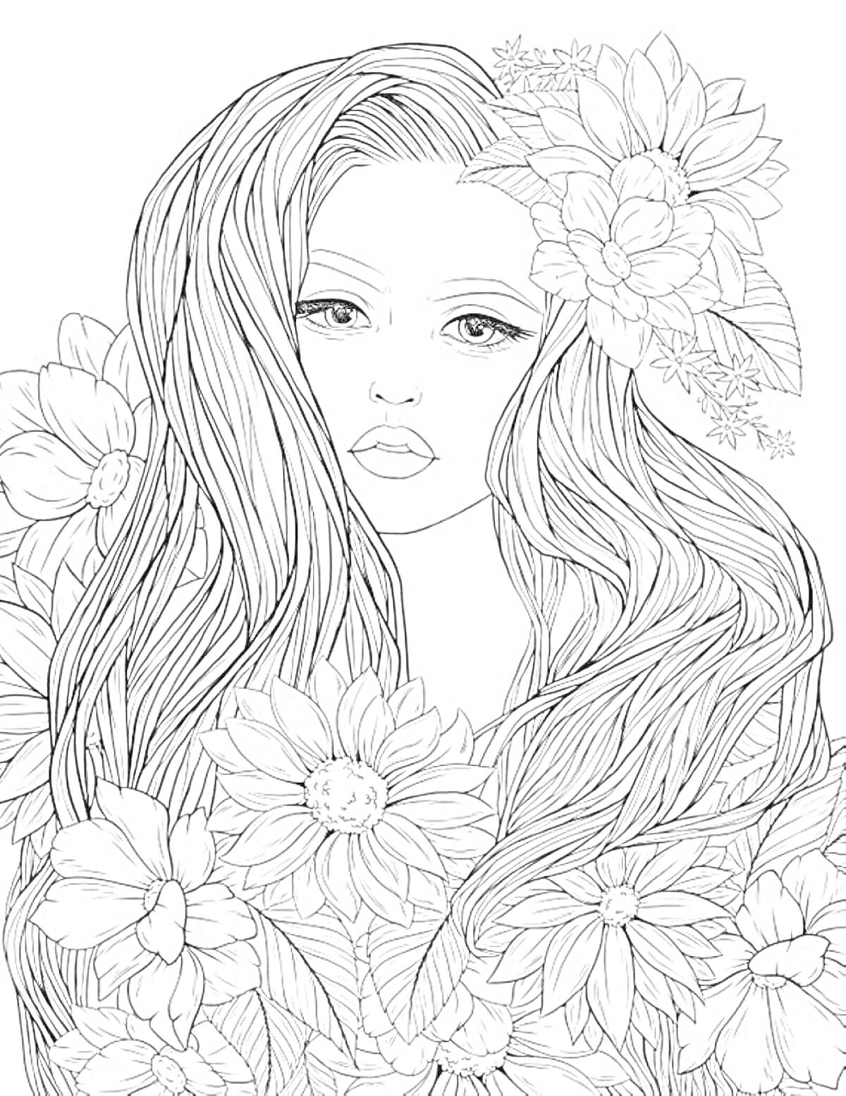 Раскраска Девушка с длинными волосами и цветами в волосах и вокруг нее