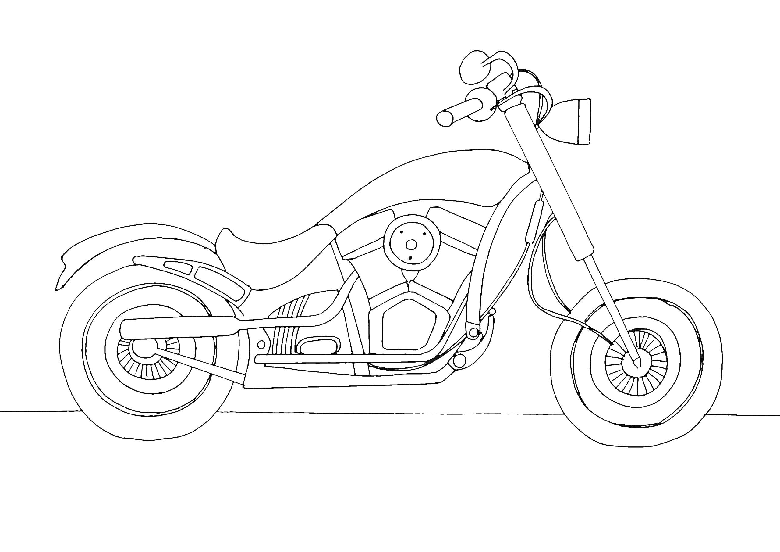 Раскраска Мотоцикл с ручками, сиденьем, колесами, фарой, бензобаком, выхлопной трубой, рамой и двигателем