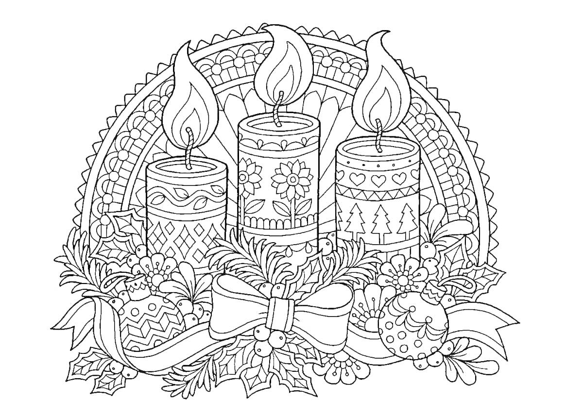 Раскраска Три новогодние свечи с орнаментом, украшенные еловыми ветками, шишками, лентами и елочными шарами