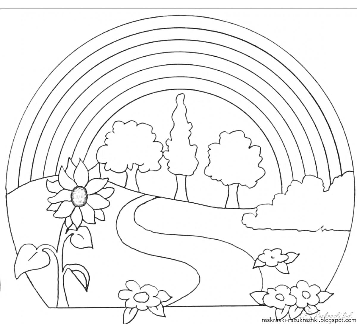 Раскраска Радуга над лесной дорожкой с цветами и деревьями