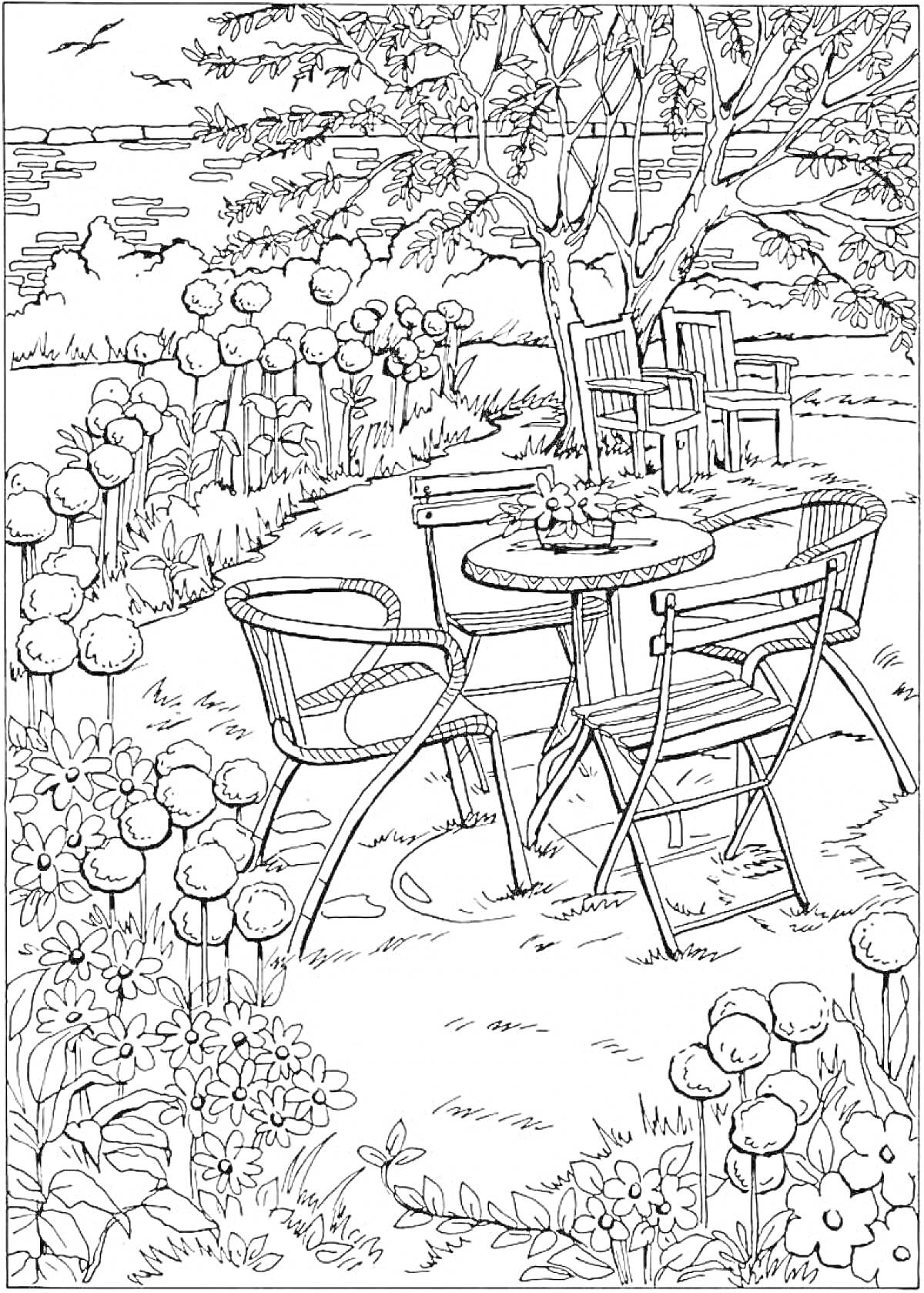 Раскраска Сад с мебелью и цветами