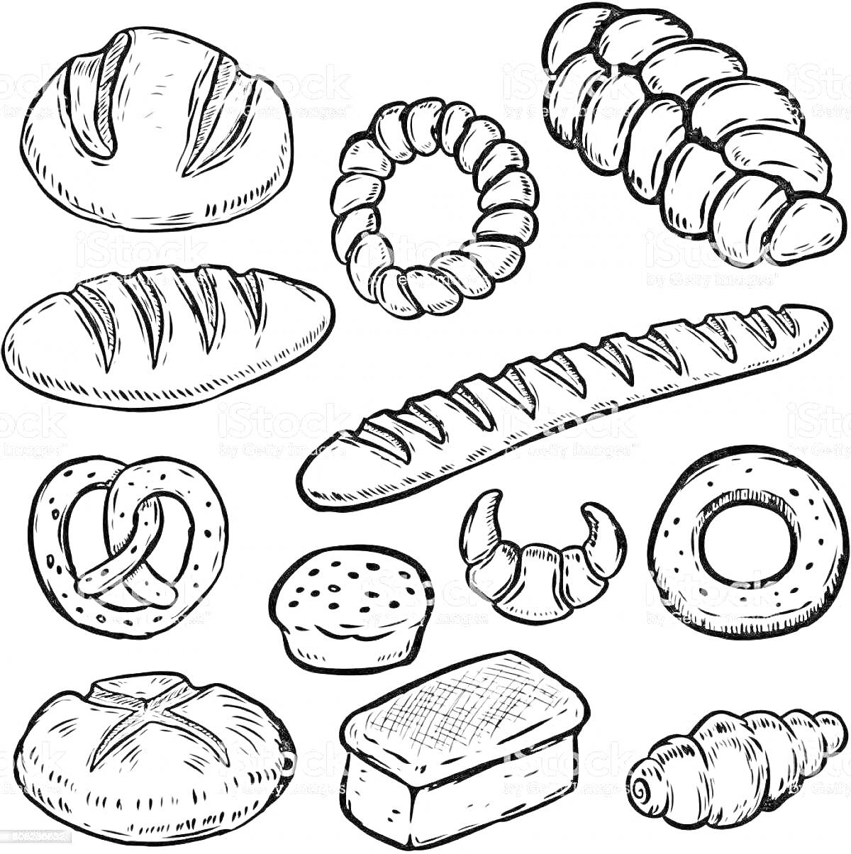 На раскраске изображено: Хлеб, Булочка, Багет, Бублик, Крендель, Выпечка, Булочная, Печенье