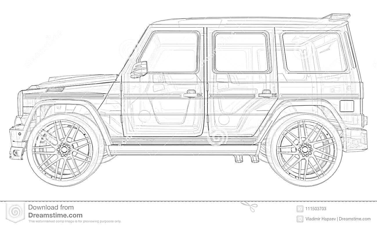 Раскраска Схематический чертеж автомобиля Brabus G-класса с выделенными колесными дисками и деталями кузова