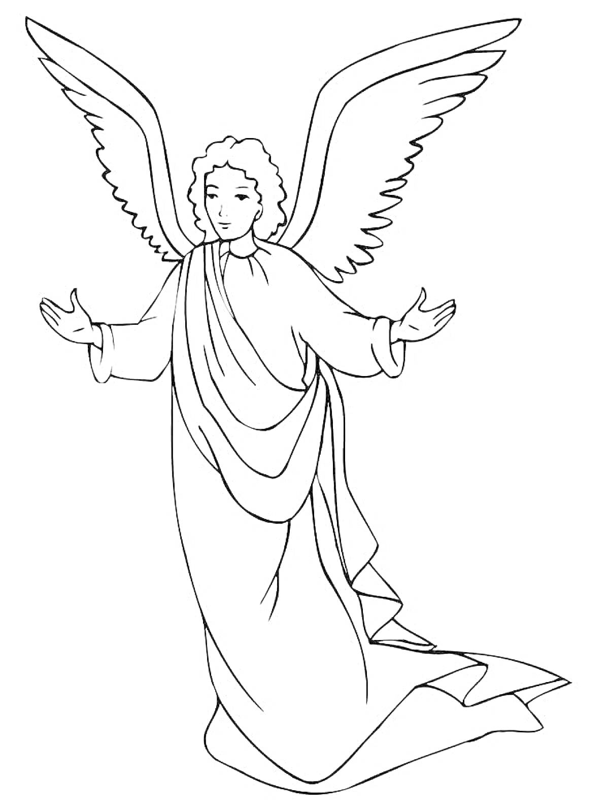 На раскраске изображено: Крылья, Поднятые руки, Нимб, Ребенок