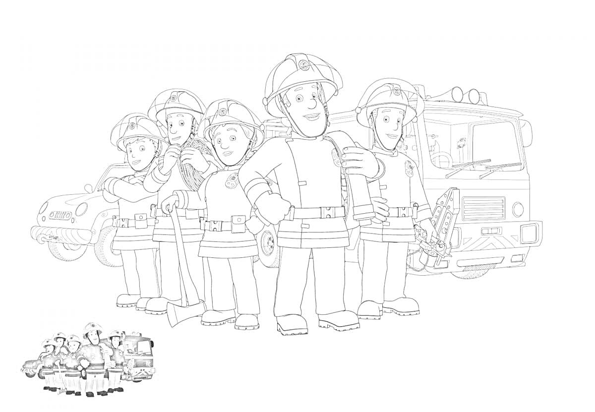 На раскраске изображено: Пожарный Сэм, Пожарные, Пожарная машина, Пожарная безопасность