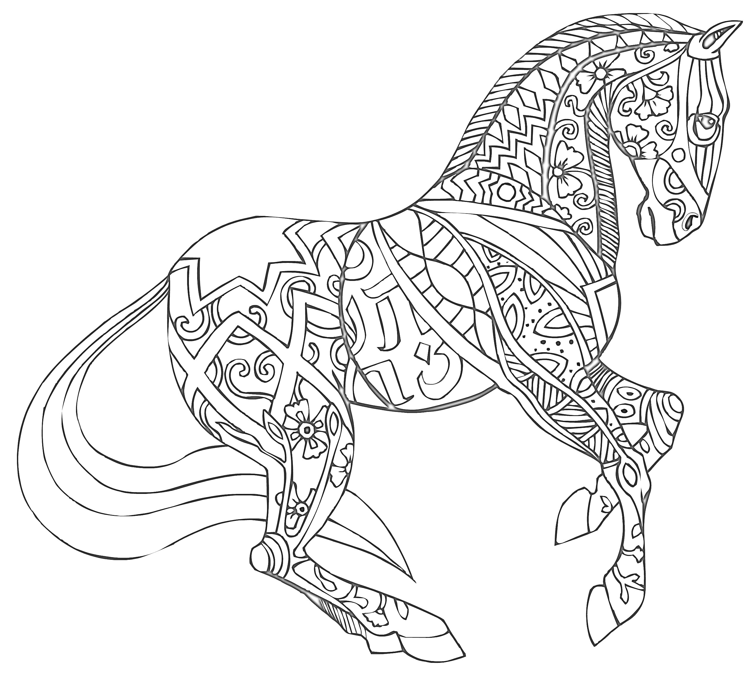 На раскраске изображено: Лошадь, Узоры, Орнамент, Животные, Графика, Зентангл, Антистресс, Арт-терапия, Линии