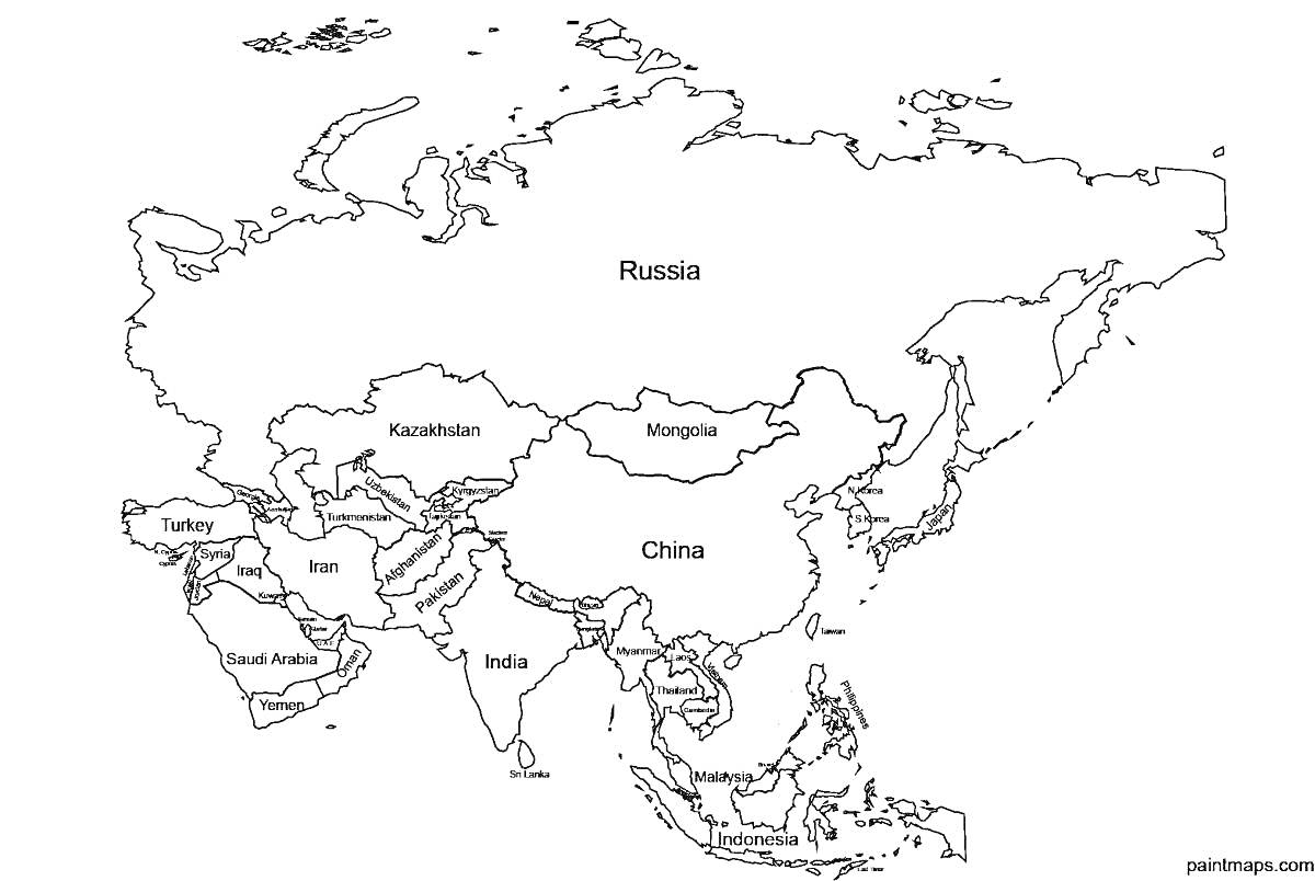 На раскраске изображено: Евразия, Карта, Россия, Китай, Индия, Казахстан, Турция, Саудовская Аравия, Монголия, Таиланд