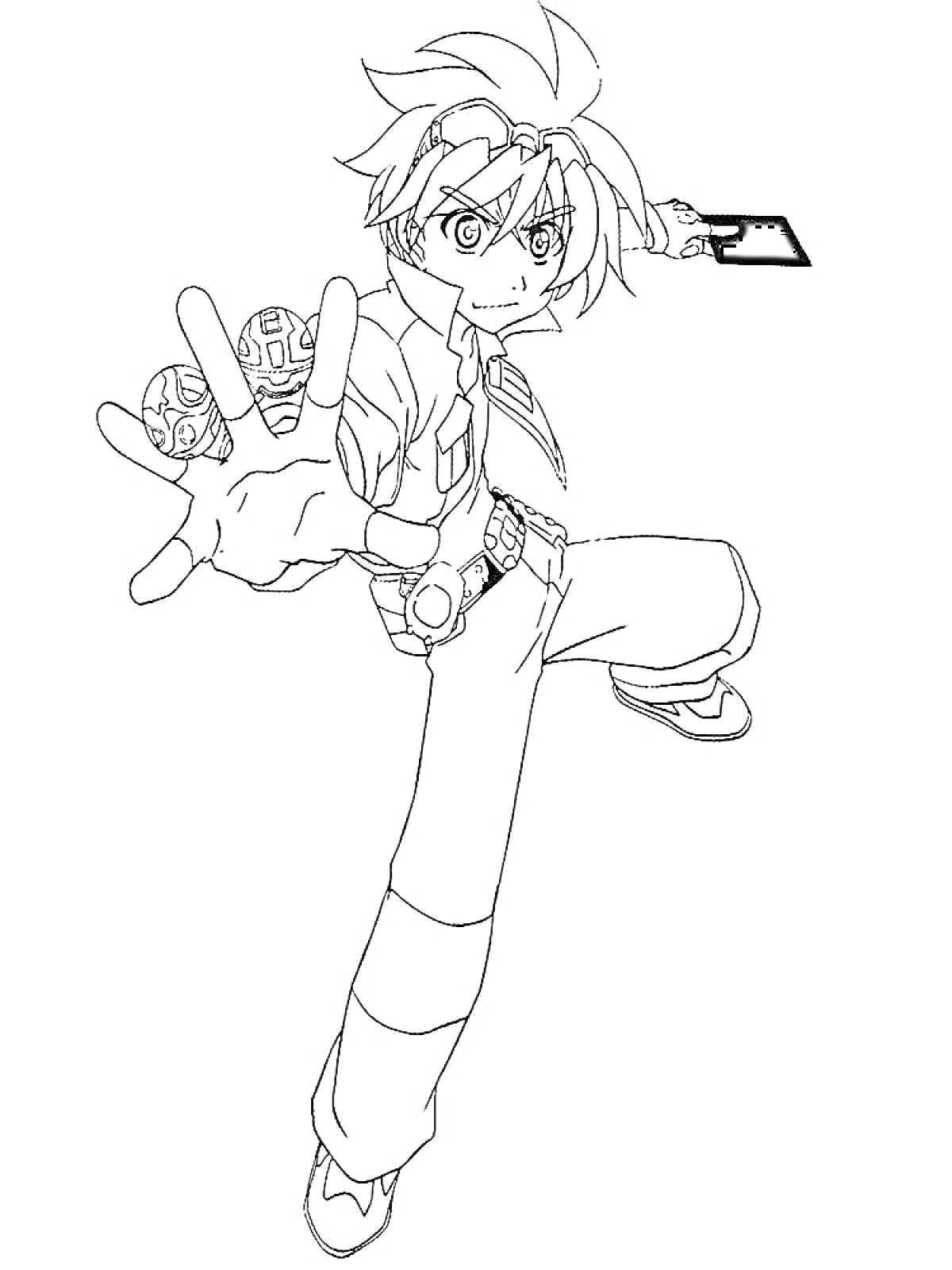 Раскраска Мальчик с Бакуганами на ладони и карточкой в руке