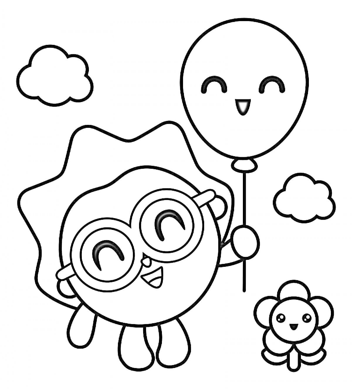 На раскраске изображено: Малышарики, Персонаж, Очки, Облака, Цветы, Воздушные шары