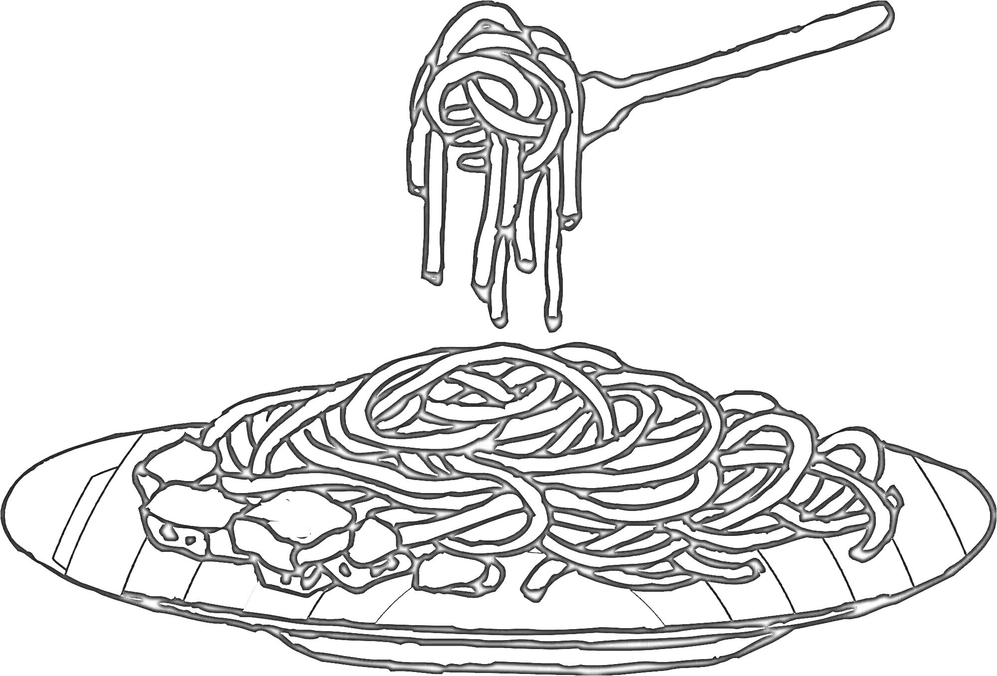 Раскраска Тарелка со спагетти и мяском, вилка с намотанными спагетти