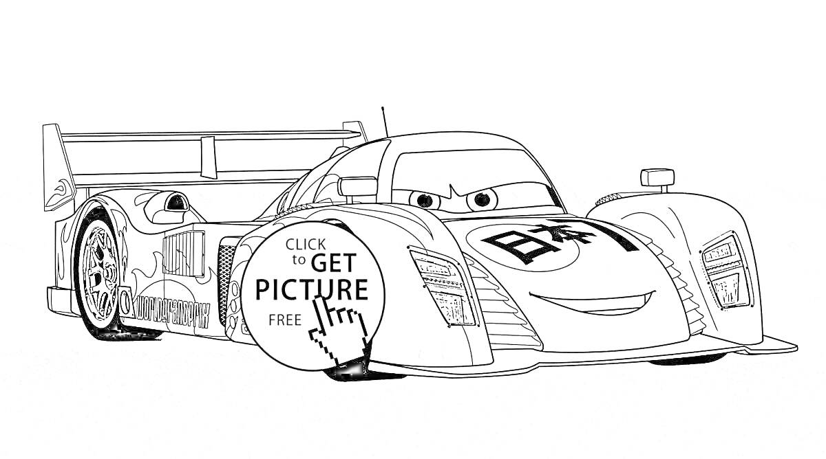 Раскраска Гоночная машина с глазами, спойлером, логотипом и текстом 