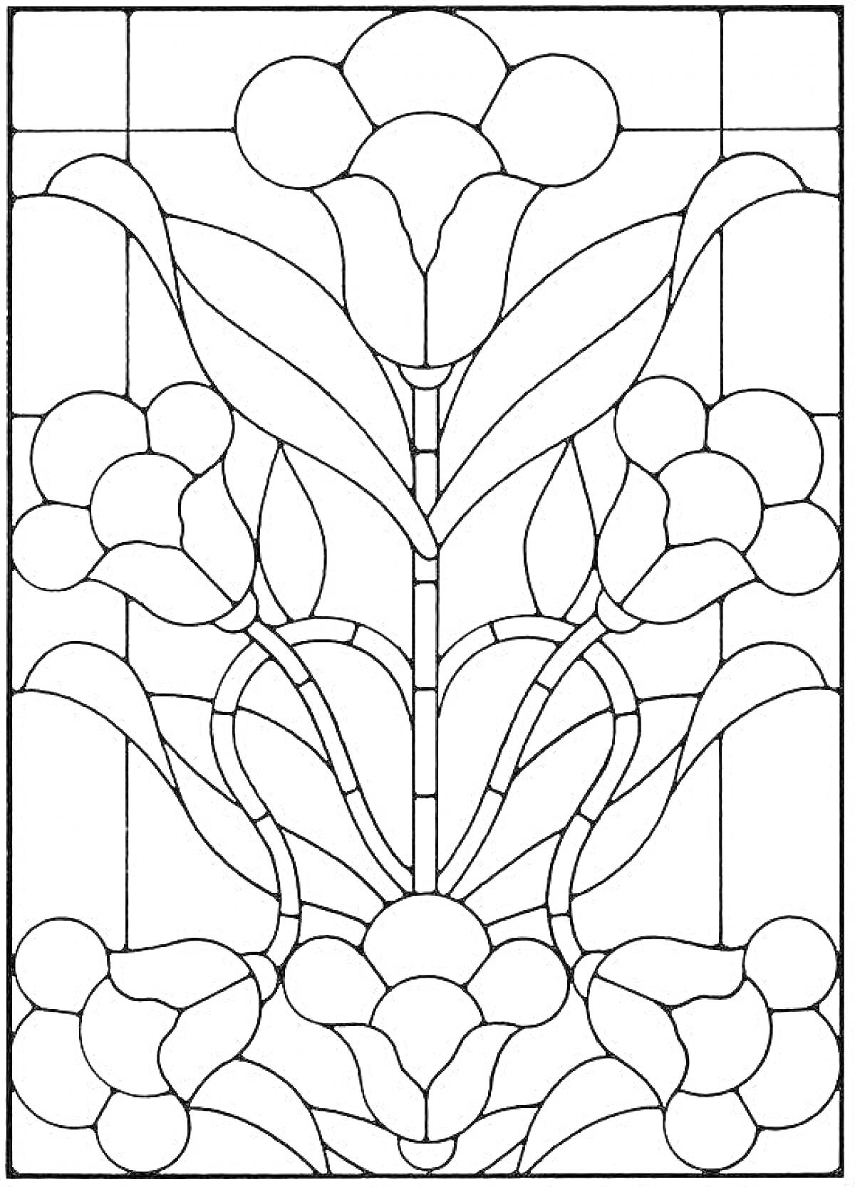 Раскраска Витраж с крупным цветком и лианами, окруженный декоративными элементами