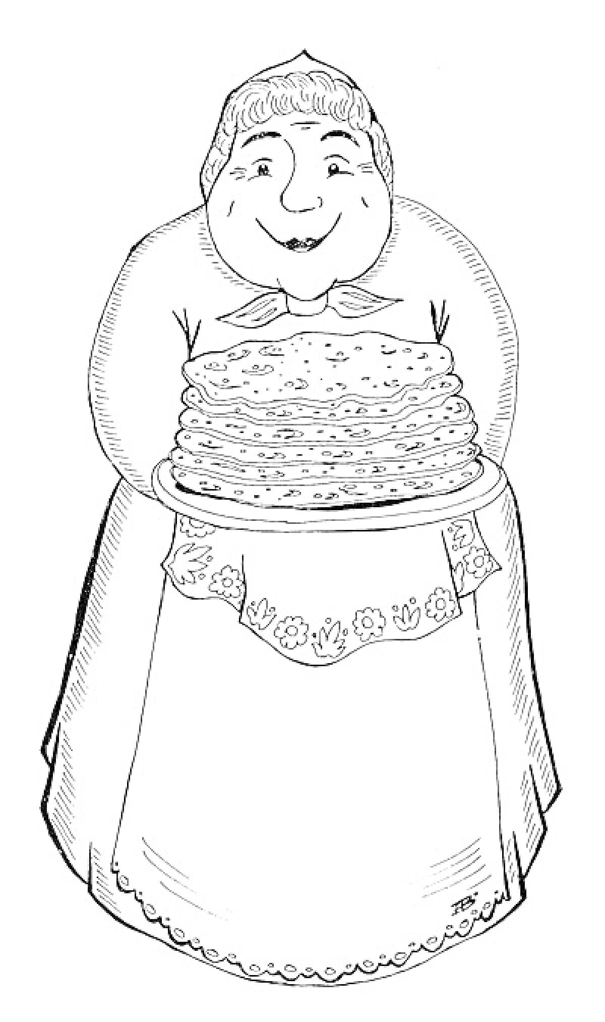 Раскраска Бабушка с блинами на тарелке