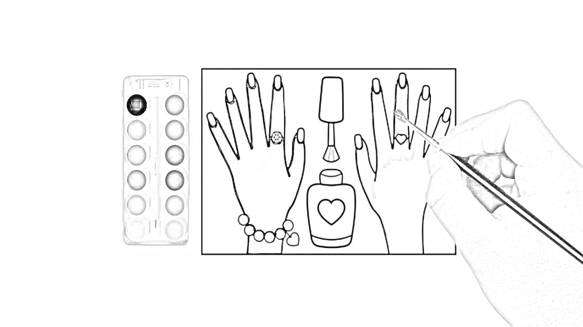 На раскраске изображено: Маникюр, Руки, Лак для ногтей, Палитра красок, Украшения