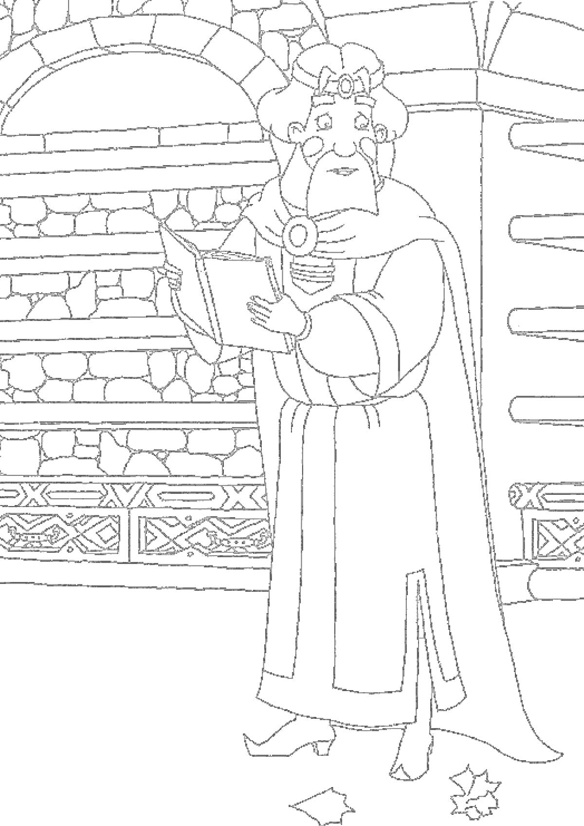 Человек в длинной одежде с книгой в руках, стоящий перед полками, обрамленными кирпичной кладкой, на полу лежат два листа бумаги.