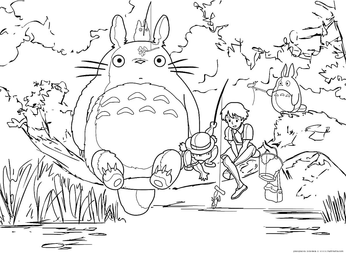 Раскраска Тоторо у пруда с детьми на ветке дерева