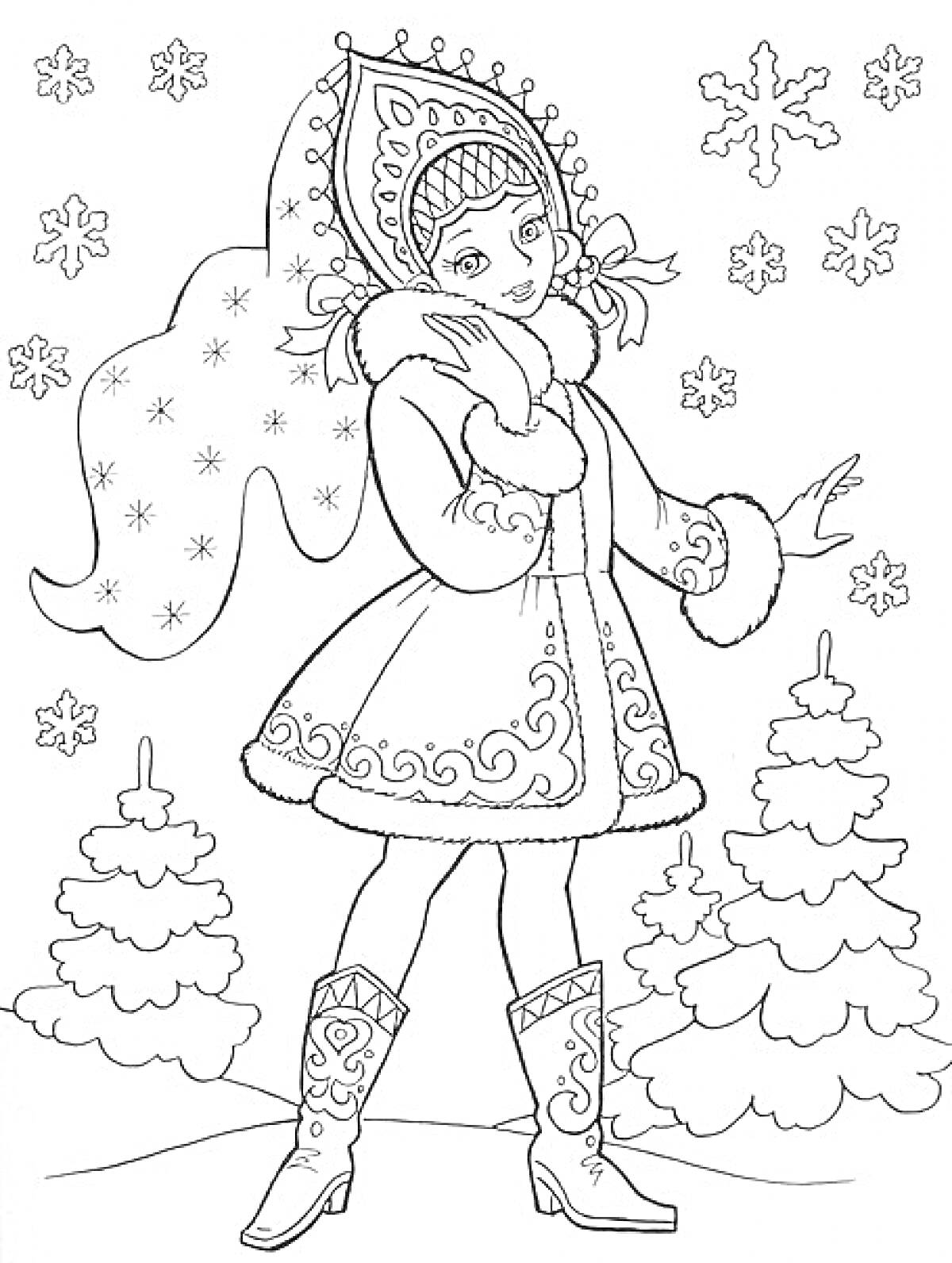Раскраска Снегурочка с узором на шубе и кокошнике, новогодние елки и снежинки