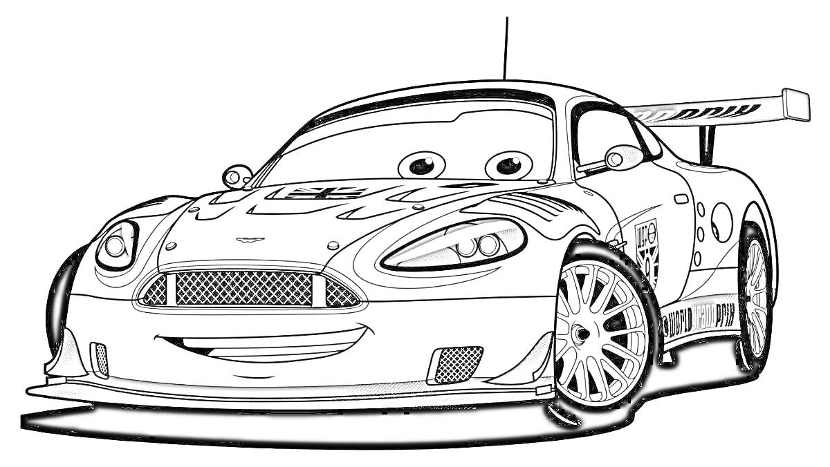 На раскраске изображено: Гоночный автомобиль, Мультяшный автомобиль, Антикрыло, Глаза, Улыбка
