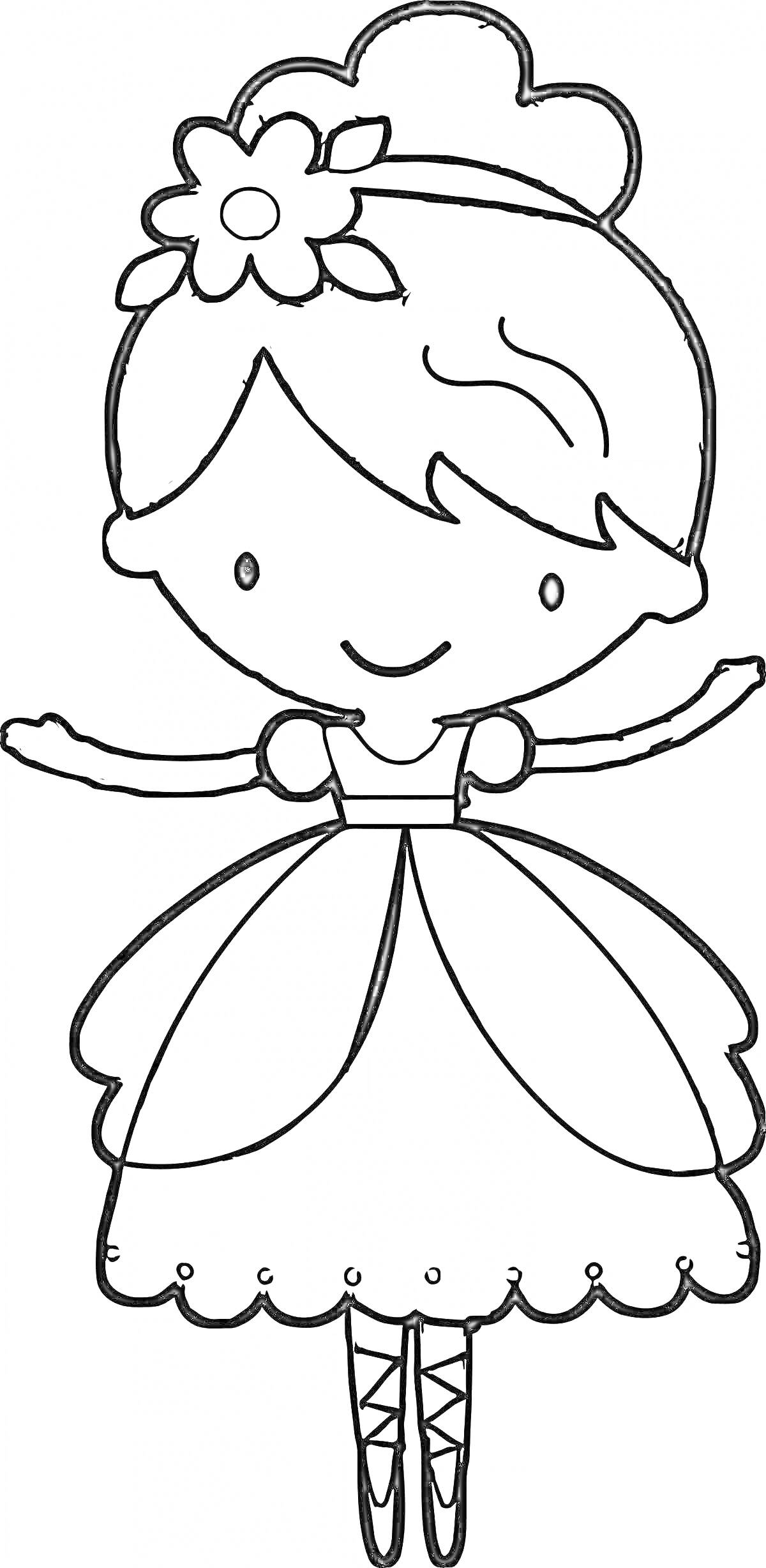 Раскраска Девочка в платье с цветком в волосах и балетками