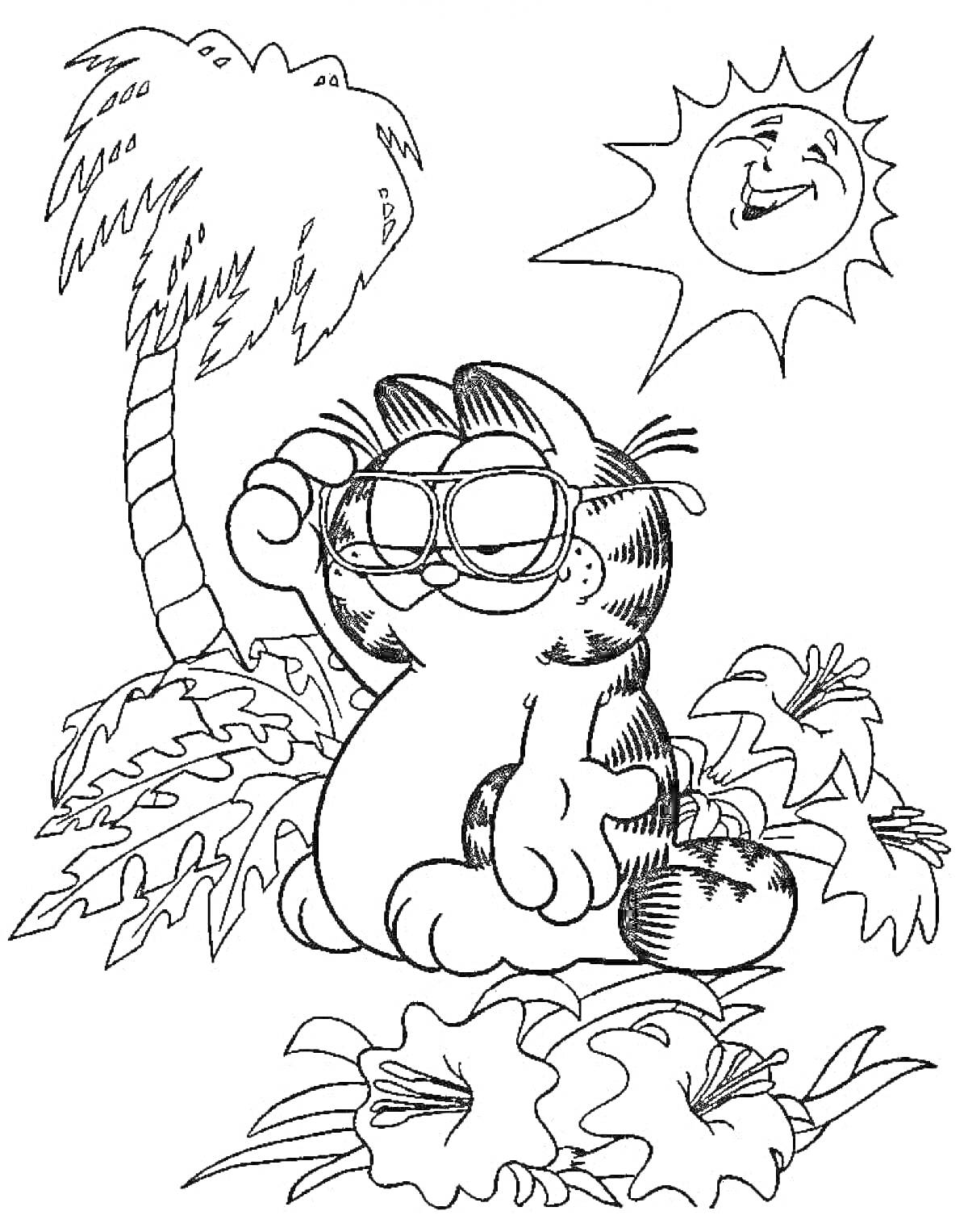 Раскраска Кот в очках на пляже с пальмой, цветами и улыбающимся солнцем