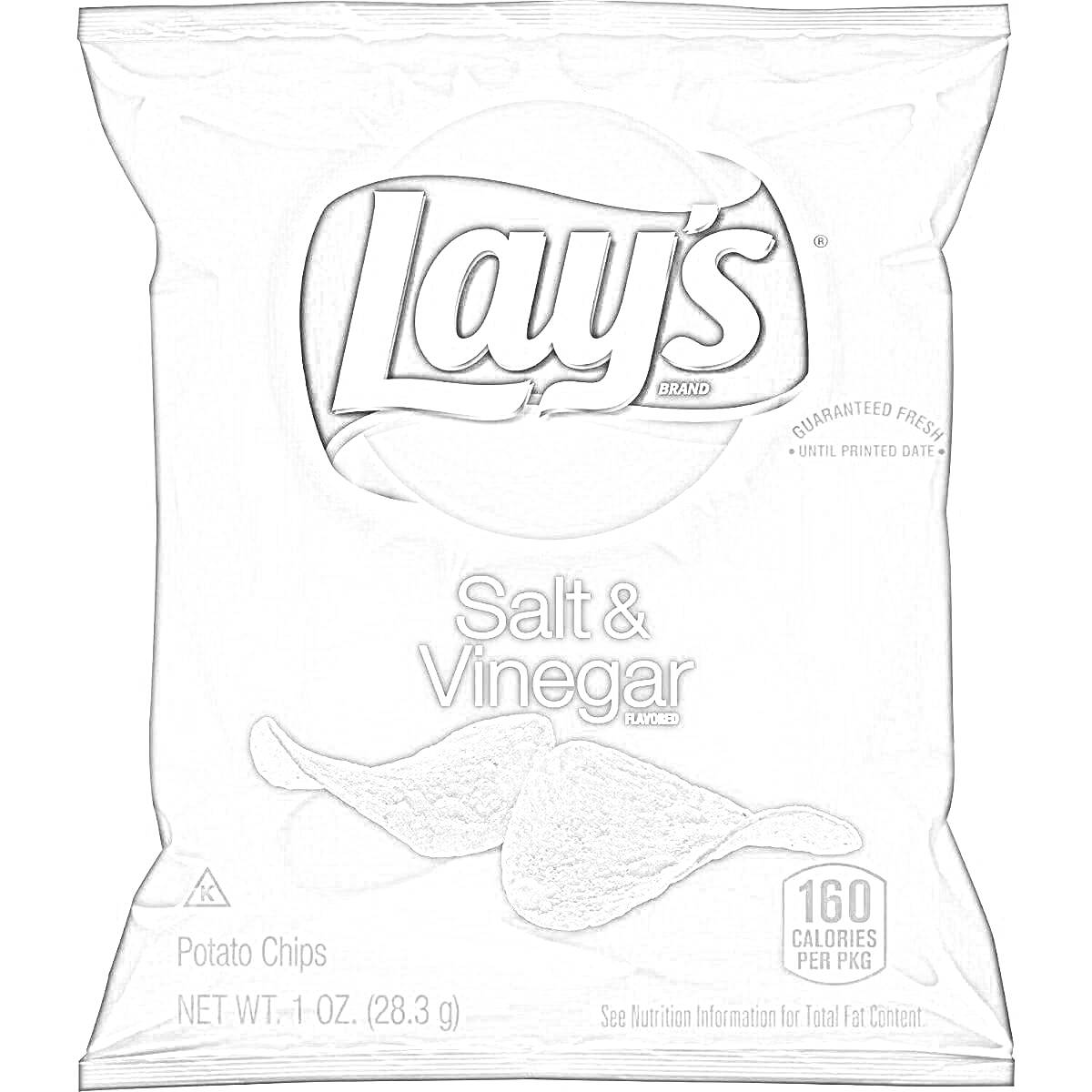 Раскраска Пакет чипсов Lay's со вкусом Salt & Vinegar, изображение картофельных чипсов, калорийность 160 калорий на порцию, надпись Lay's.