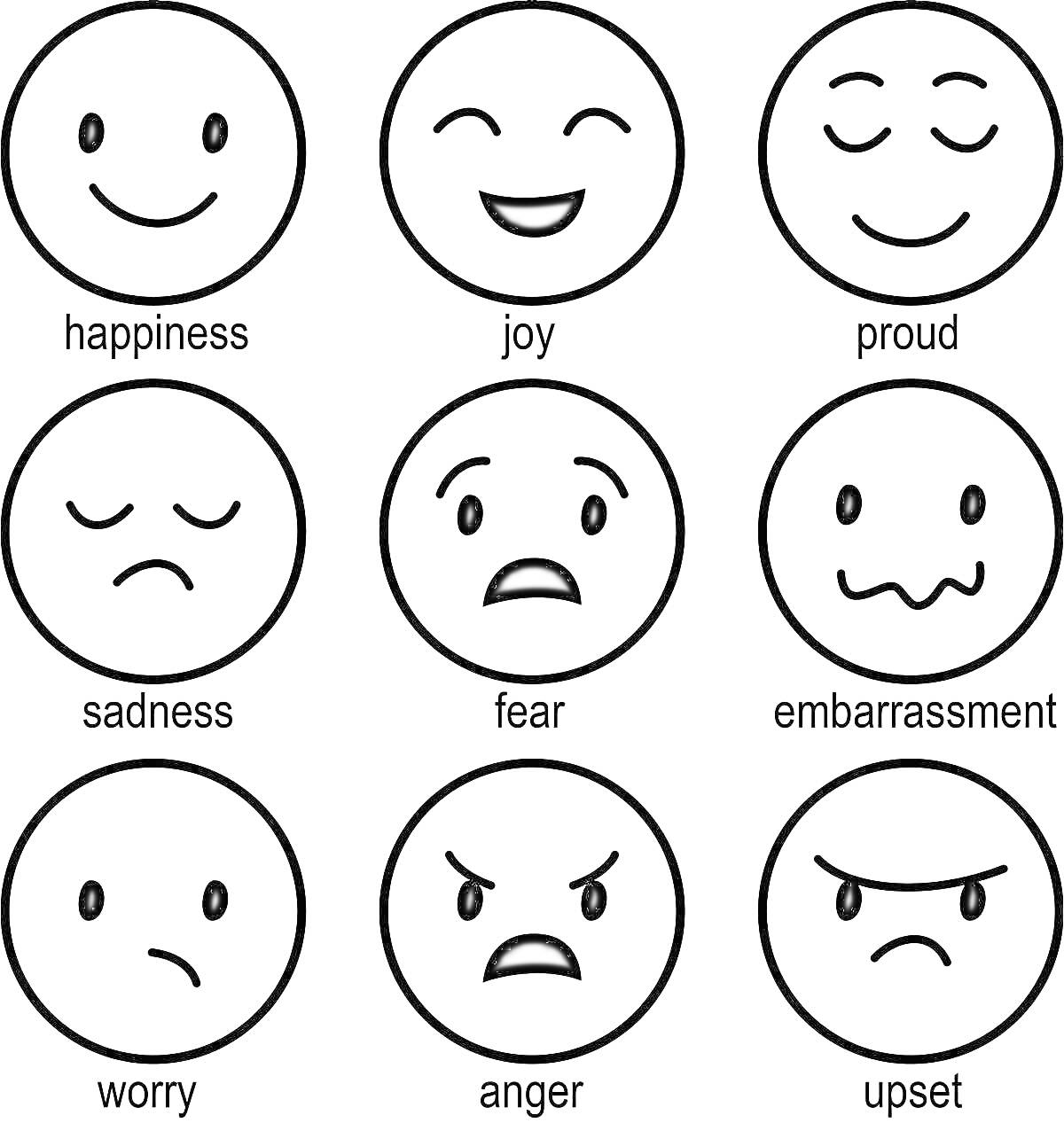 Раскраска Раскраска с эмоциями: радость, счастье, гордость, грусть, страх, смущение, волнение, гнев, расстройство