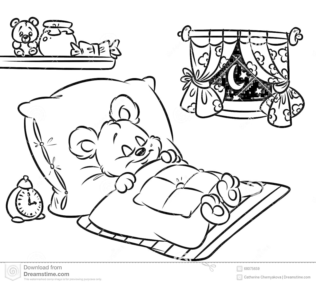 Раскраска Медведь под одеялом в спальне с подушкой, будильником и ночным пейзажем за окном