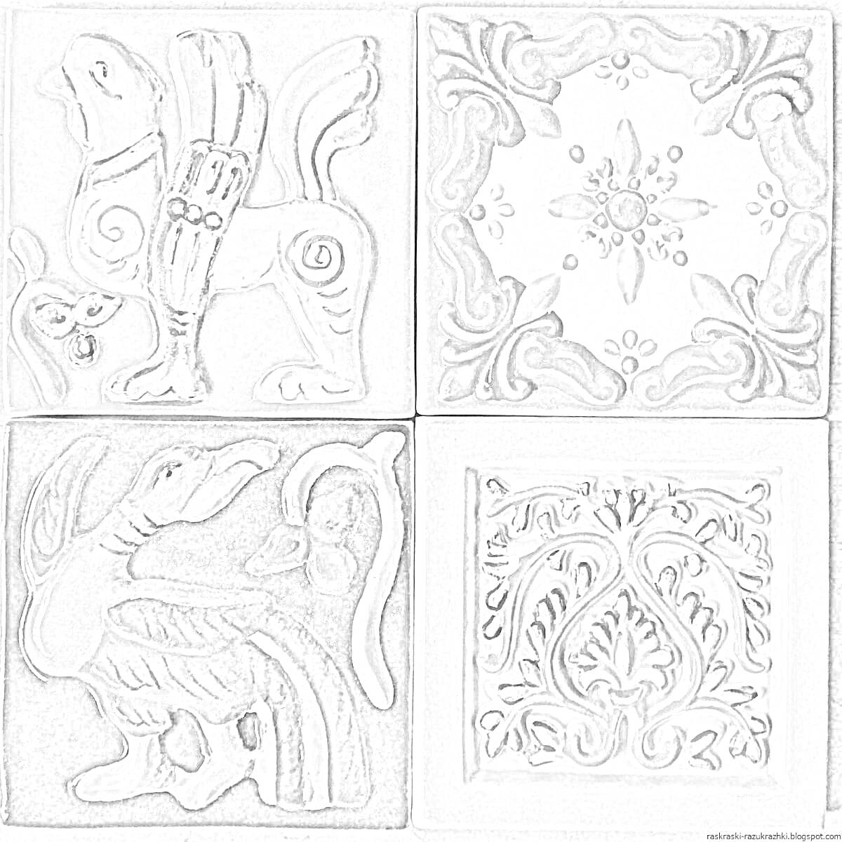 На раскраске изображено: Керамическая плитка, Узоры, Орнамент, Мифические существа, Декоративные элементы
