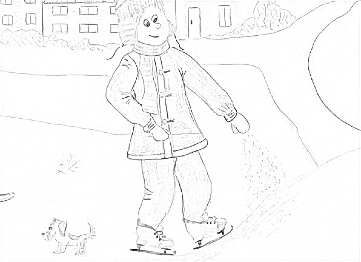 Раскраска Человек на коньках, собака, снежный холм, дома на заднем плане