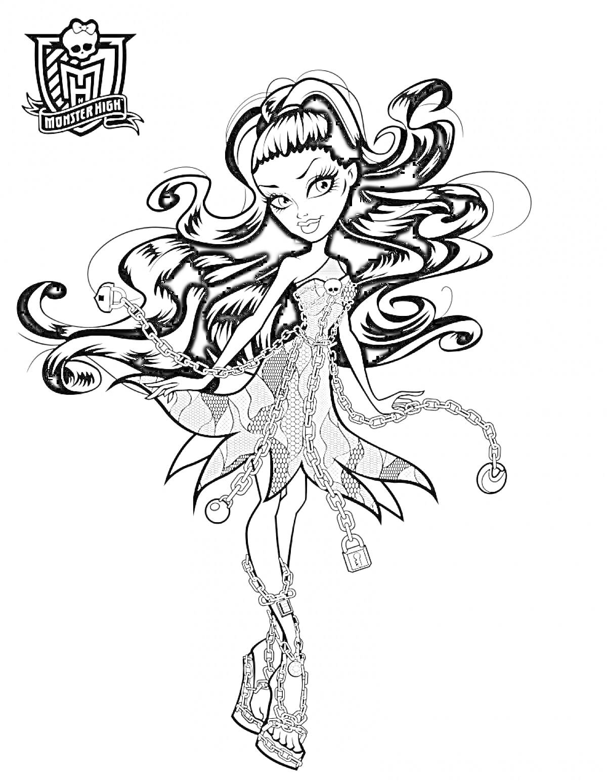 Раскраска Монстер Хай Призрачно, девушка с длинными волосами, цепи и замки на платье, высокие каблуки с шипами