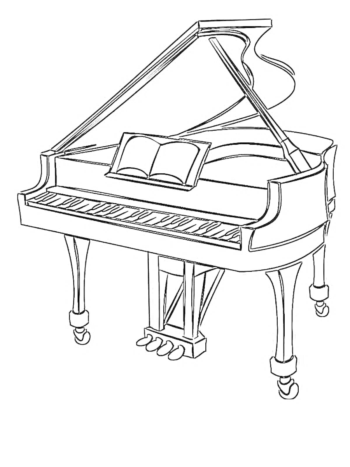 На раскраске изображено: Фортепиано, Рояль, Клавиши, Пюпитр, Музыка, Музыкальные инструменты