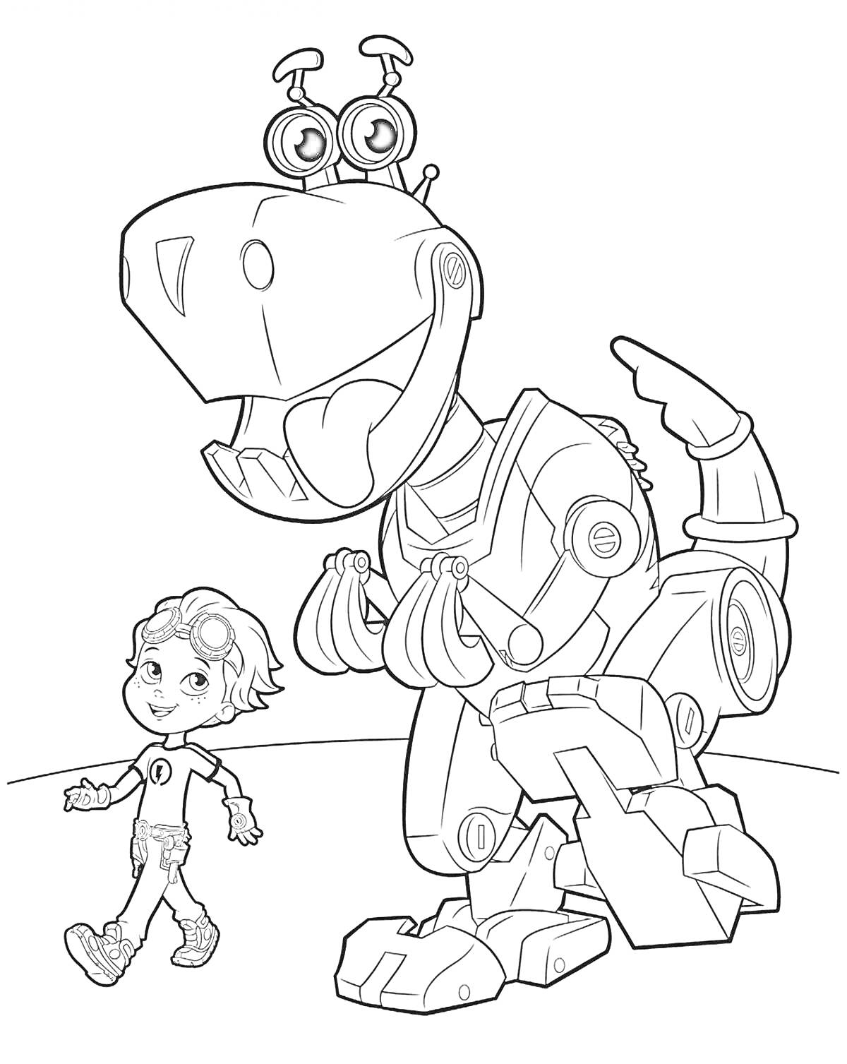 Раскраска Мальчик с роботом-динозавром