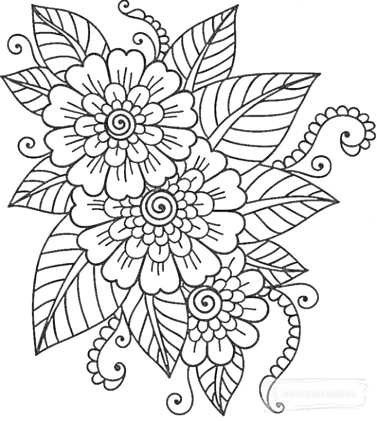 Раскраска Букет из трех цветков с крупными лепестками и спиральными центрами, окруженный большими и мелкими листьями с прожилками и декоративными завитками