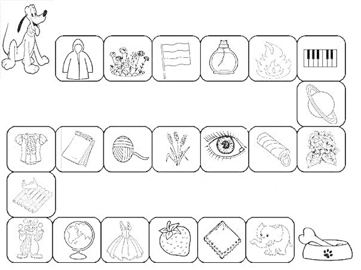 карточки с изображениями собаки, куртки, цветов, флага, флакона духов, огня, пианино, ложки, платья, блокнота, мотка ниток, колосьев, глаза, лупы, букета цветов, пирамид, глобуса, платья, клубники, платка, кошки, самолета