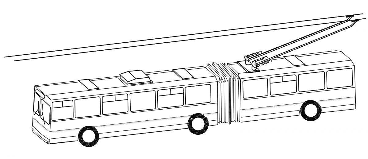 Раскраска Троллейбус с проводом, окнами и колесами, троллейбус едет по проводам.