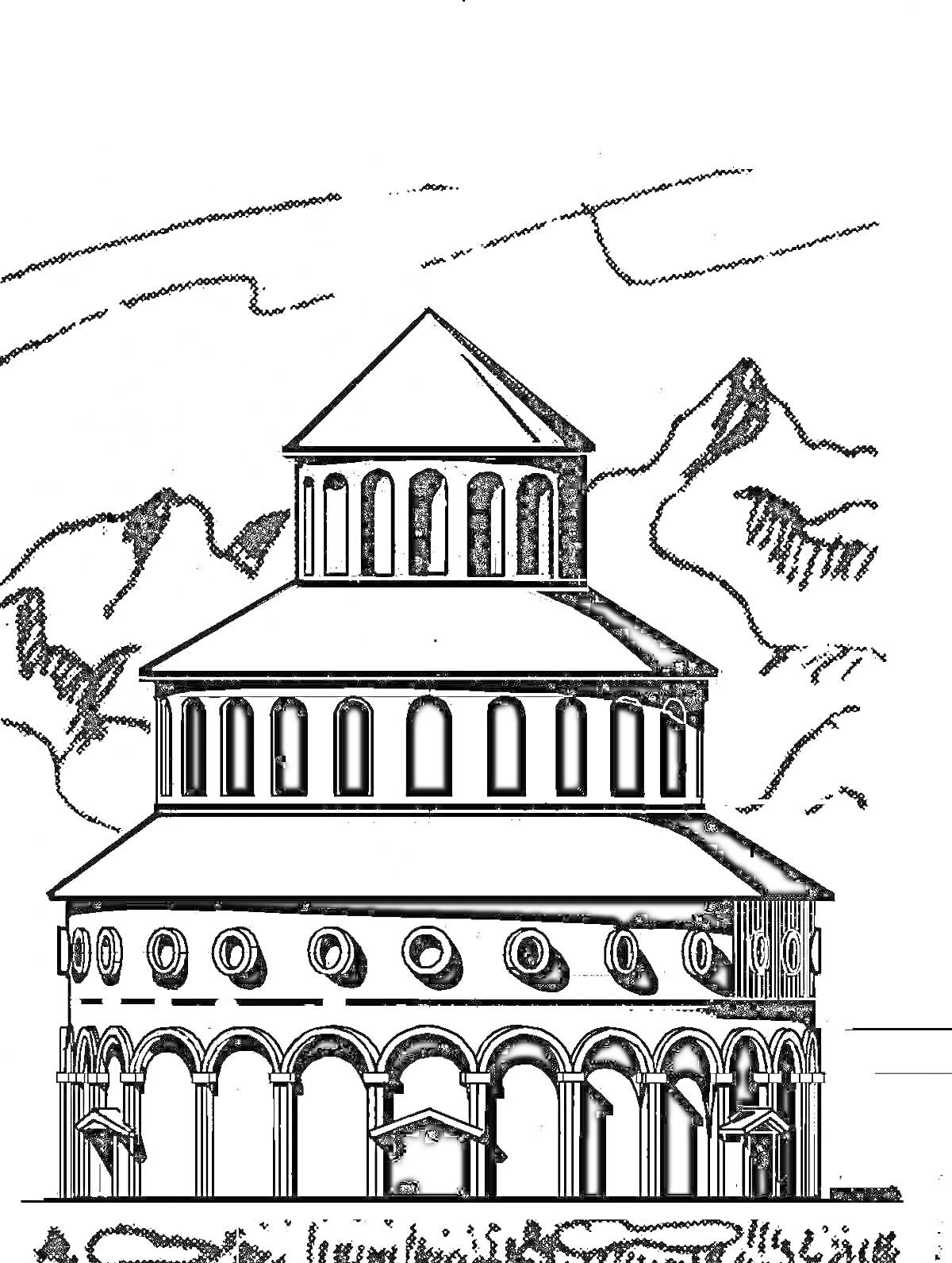 На раскраске изображено: Армения, Церковь, Горы, Архитектура, Храм