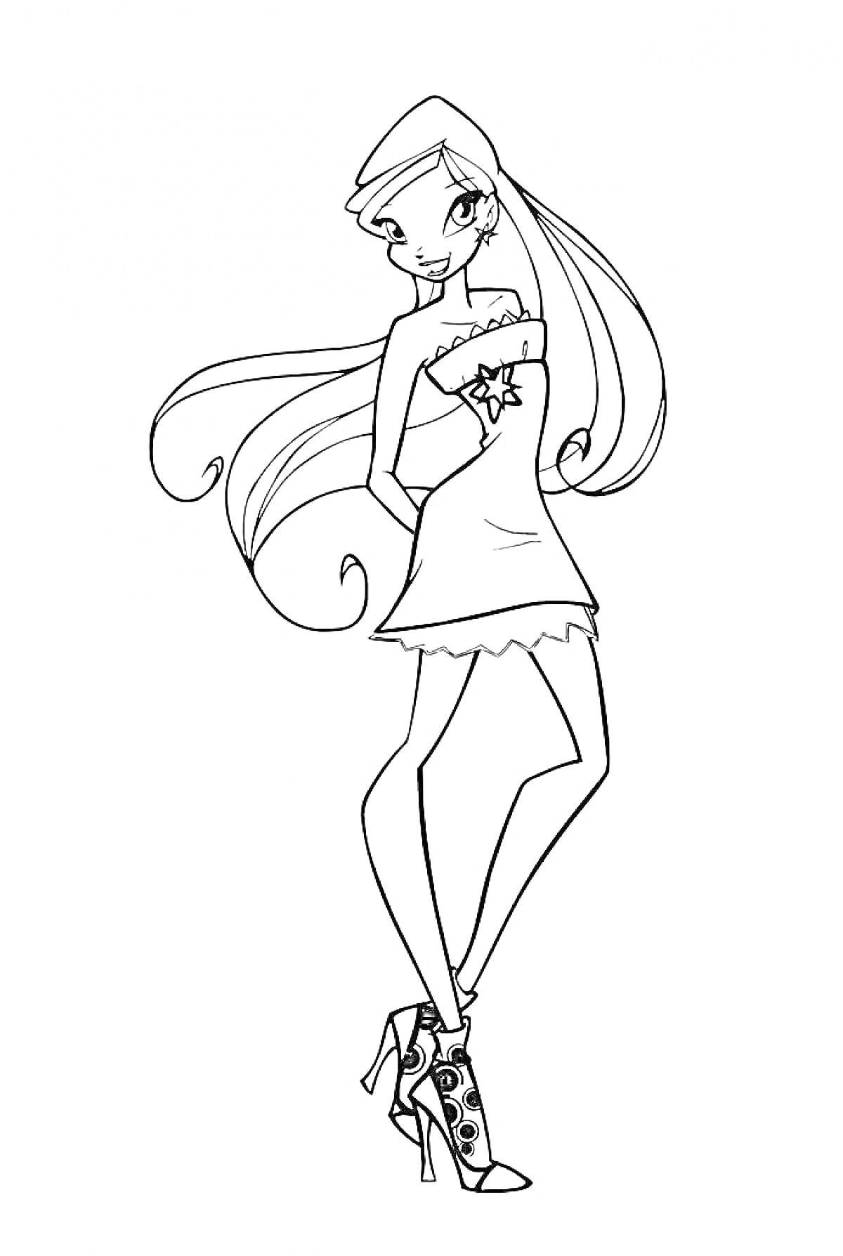 Раскраска Винкс Стелла в коротком платье и высоких ботильонах на каблуке, с длинными волосами и звёздной брошью на платье