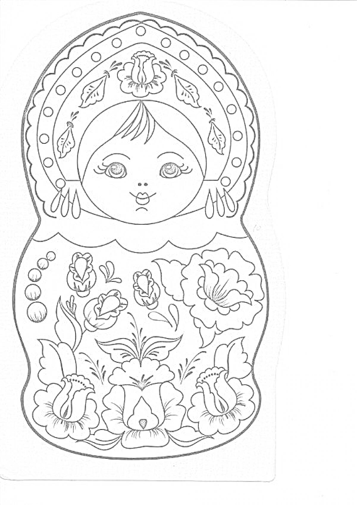 Раскраска Матрешка с цветочным узором и головным убором, центральный цветок на головном уборе, цветы внизу, украшения