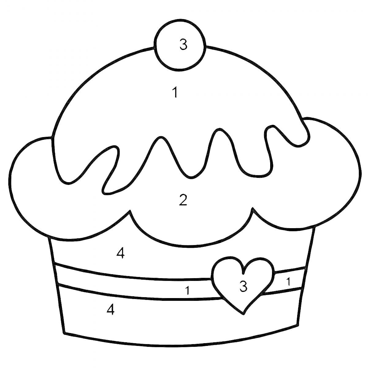 Раскраска Раскраска по номерам для малышей - кекс с глазурью, вишенкой и сердечком