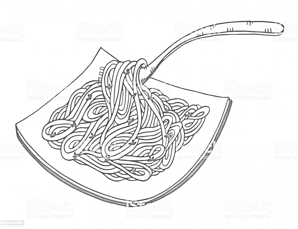 На раскраске изображено: Паста, Тарелка, Вилка, Еда, Макароны