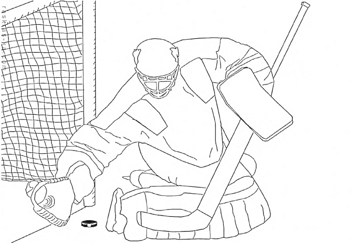 Раскраска Вратарь в хоккейной экипировке перед воротами, перчатка ловит шайбу, клюшка, сетка ворот