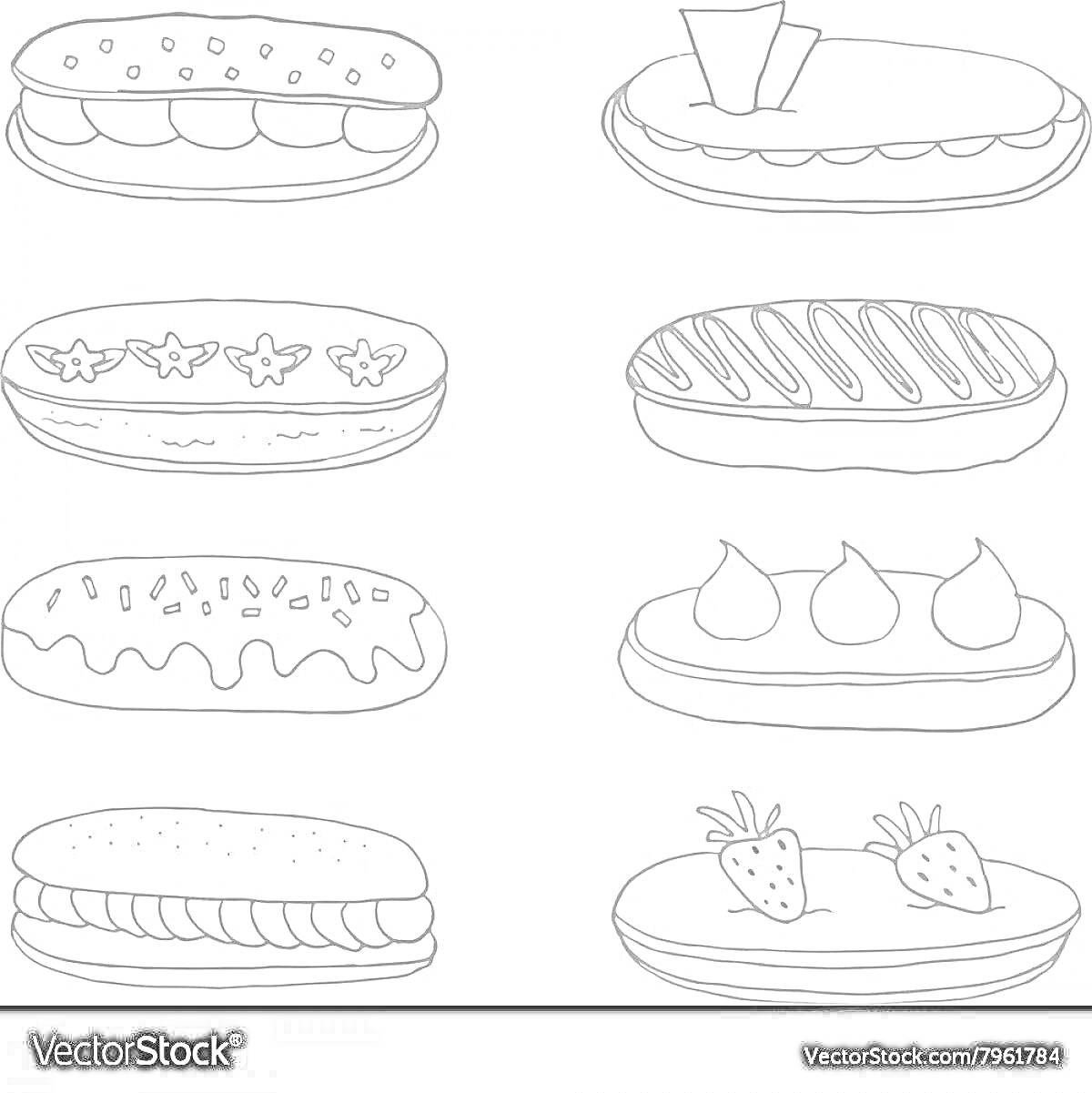 Раскраска Несколько эклеров с разными украшениями: с глазурью и точками, с декоративными элементами, с цветами, с полосками, с глазурью и посыпкой, с кремовыми розетками, с нарезанными кусочками фруктов, с клубникой