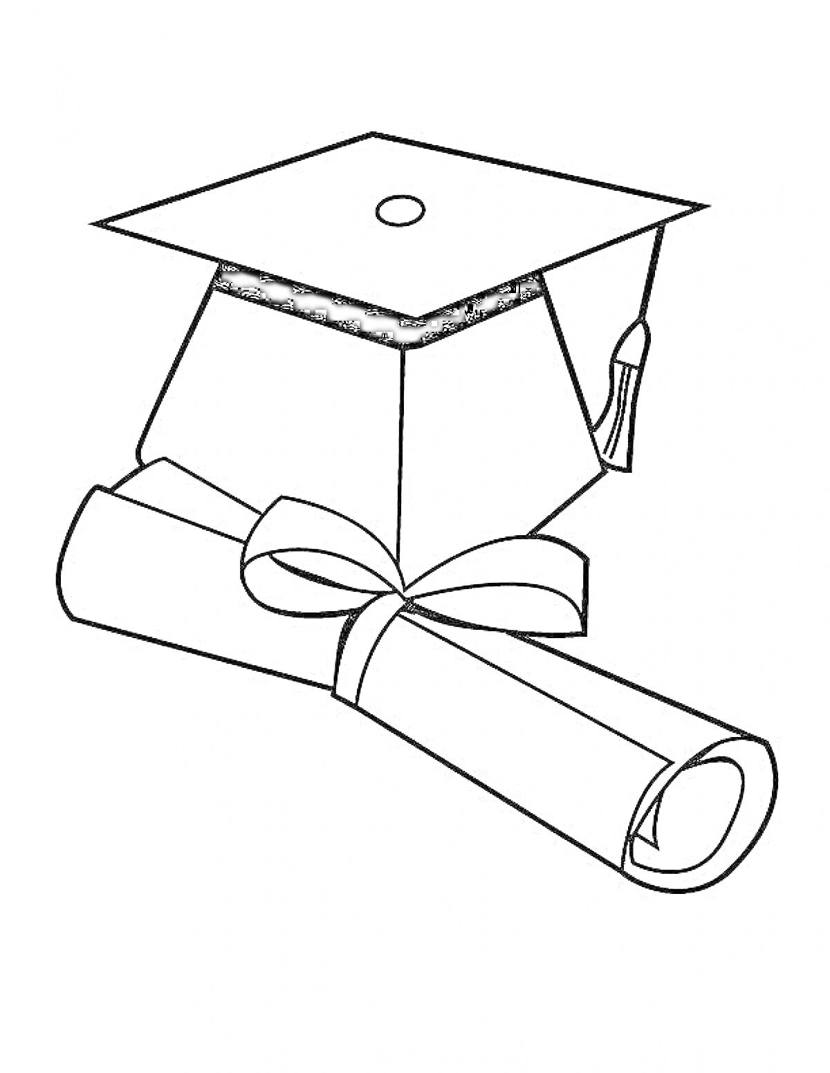 На раскраске изображено: Академическая шапочка, Диплом, Лента, Образование, Выпускной