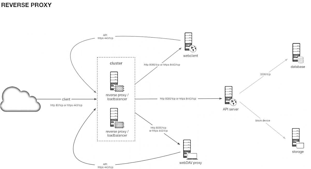 Схема работы реверсного прокси, включающая серверы пользователей, реверсный прокси-сервер, веб-сервисы и архив данных