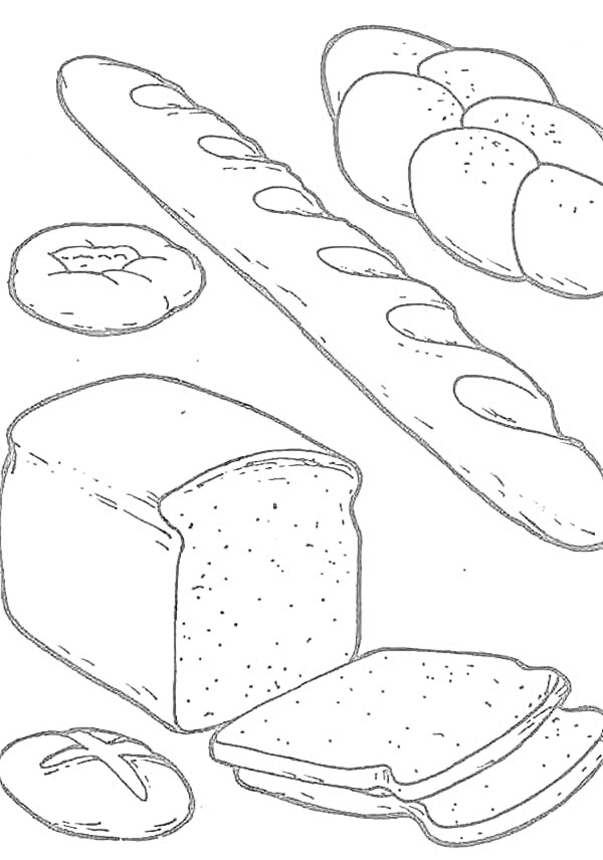 Разнообразие хлеба - багет, булочки, булка хлеба, ломтики хлеба, круглая булочка