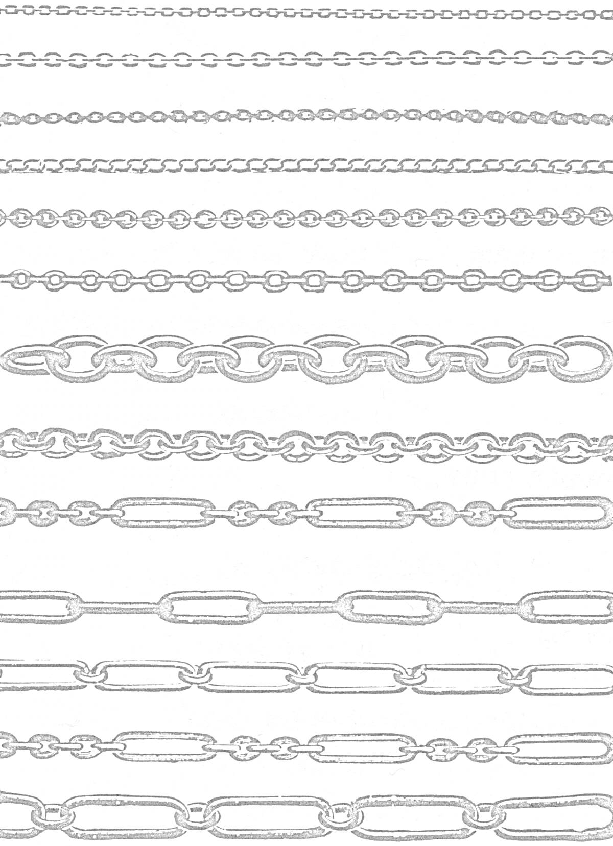 Разнообразные цепочки: мелкие, средние и крупные звенья, круглые и овальные формы, плетеные и цельные звенья