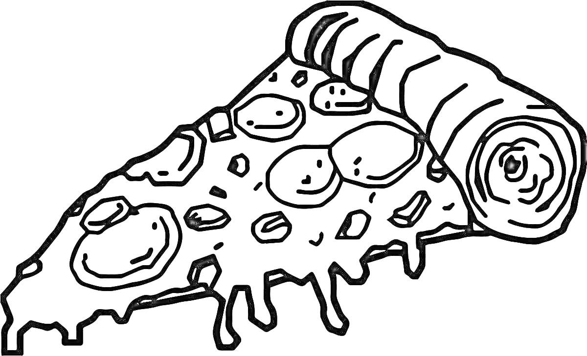 На раскраске изображено: Пицца, Кусочек пиццы, Колбаса, Сыр, Еда