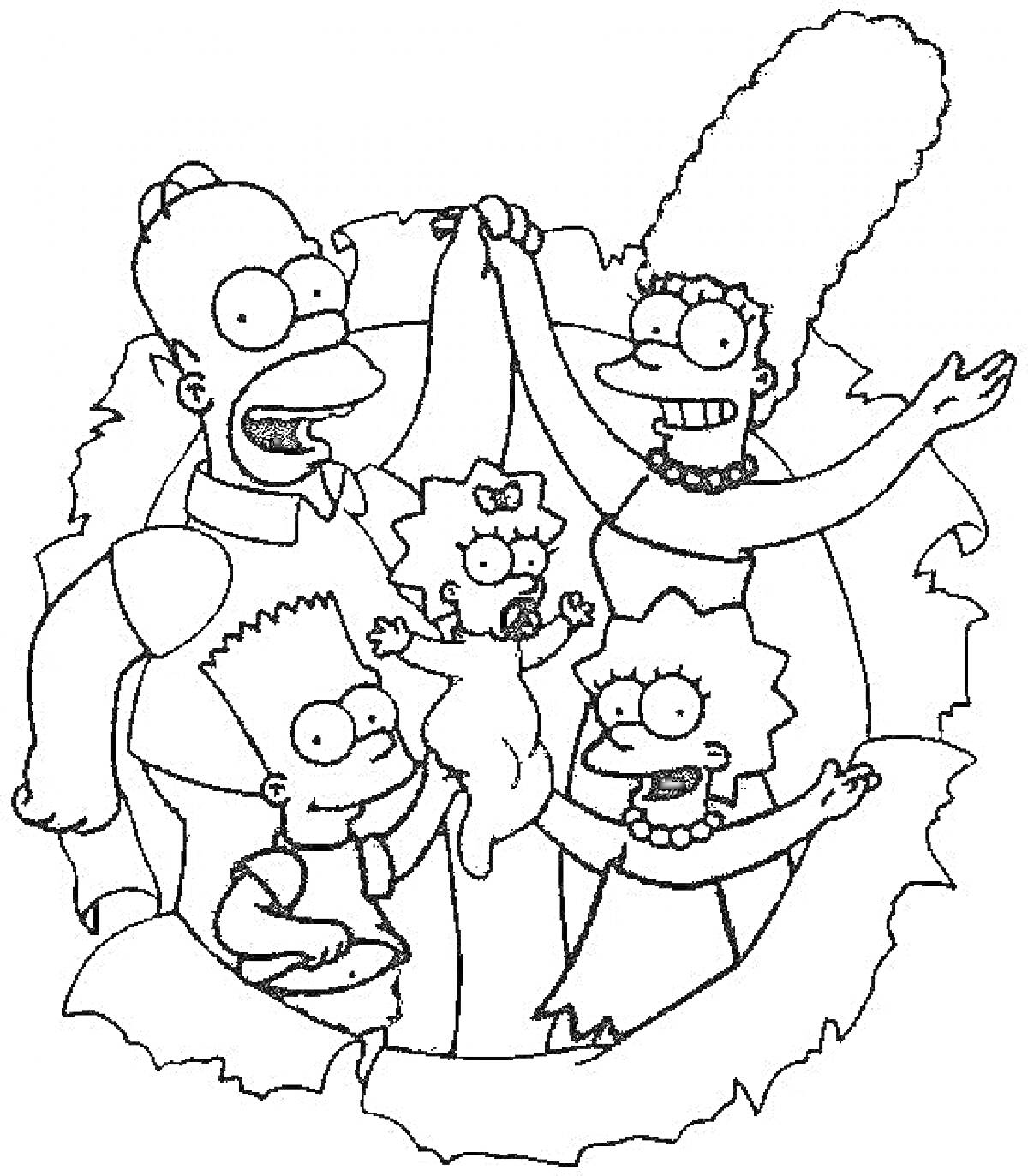 На раскраске изображено: Симпсоны, Семейный портрет, Гомер Симпсон, Мардж Симпсон, Лиза Симпсон, Барт Симпсон, Мэгги Симпсон, Семья
